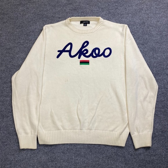AKOO Whisper White/Cream Navy Blue SCRIPTED LOGO Cotton Sweater Men XXL 2XL - Picture 1 of 8